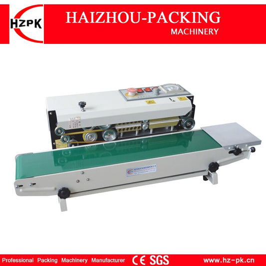 HZPK Continuous Sealing Machine 60mm Deep Sealing Type Horizontal Stainless Steel Good Motor Iron Gear Seal For Handheld Bag 800