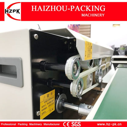 HZPK Automatic Vertical Iron With Spray Type Sealer Continuous Plastic Film Sealing Machine With Conveyor For Food Tea Bag FR770