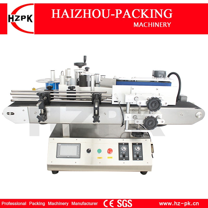 HZPK Small Automatic Round Bottle Labeling Machine Tabletop Type Labeler Food Make-up Wine Plastic Bottle Labeling Deskatop Type