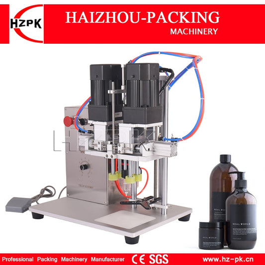 HZPK Semi-Automatic Desktop Shampoo Plastic Glass Round Lids Bottle Duckbill Pump Screw Cover Capping Commercial Packing Machine