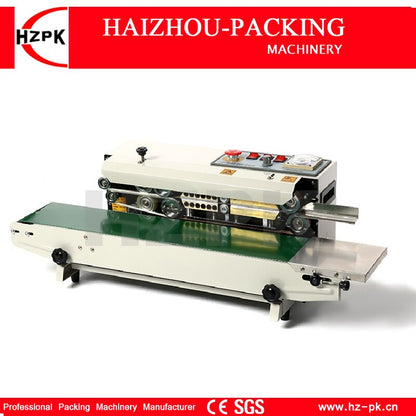 HZPK Metal With Spray Paint Desk Table Continuous Band Sealer Plastic Tea Food Bag Conveyor Belt Imprinting Packaging Machinery