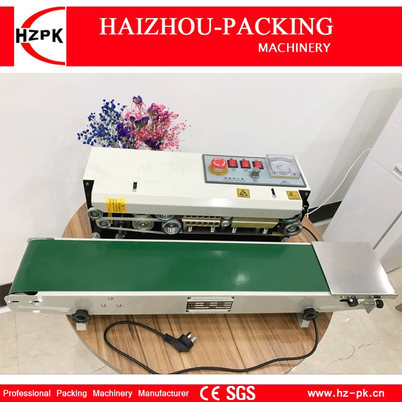 HZPK Metal With Spray Paint Desk Table Continuous Band Sealer Plastic Tea Food Bag Conveyor Belt Imprinting Packaging Machinery