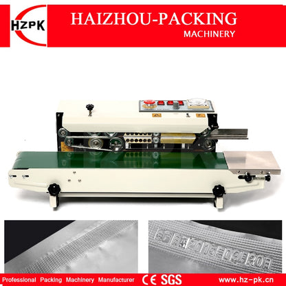 HZPK Metal With Spray Paint Desk Table Continuous Band Sealer Plastic Tea Food Bag Conveyor Belt Imprinting Packaging Machinery