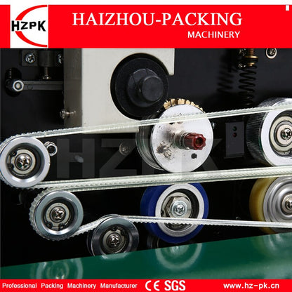 HZPK Stainless Steel Body Continuous Plastic Film Tea Bag Band Sealer With Solid Ink Date Printing Sealing Packing Machinery