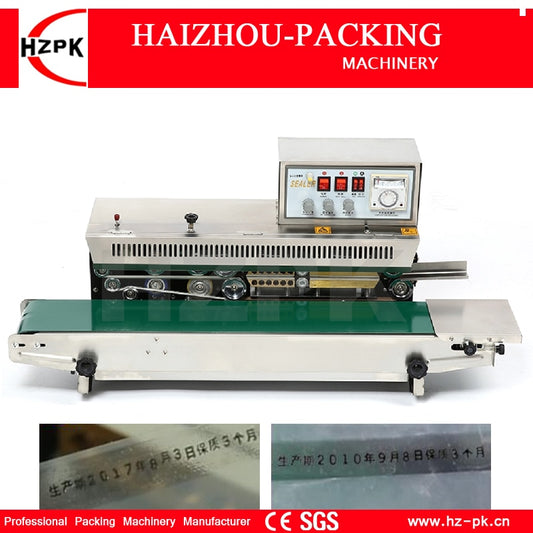 HZPK Stainless Steel Body Continuous Plastic Film Tea Bag Band Sealer With Solid Ink Date Printing Sealing Packing Machinery