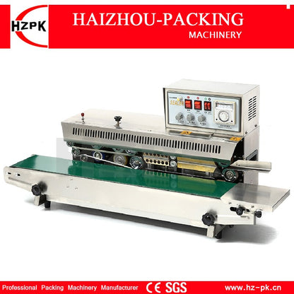 HZPK Stainless Steel Body Continuous Plastic Film Tea Bag Band Sealer With Solid Ink Date Printing Sealing Packing Machinery